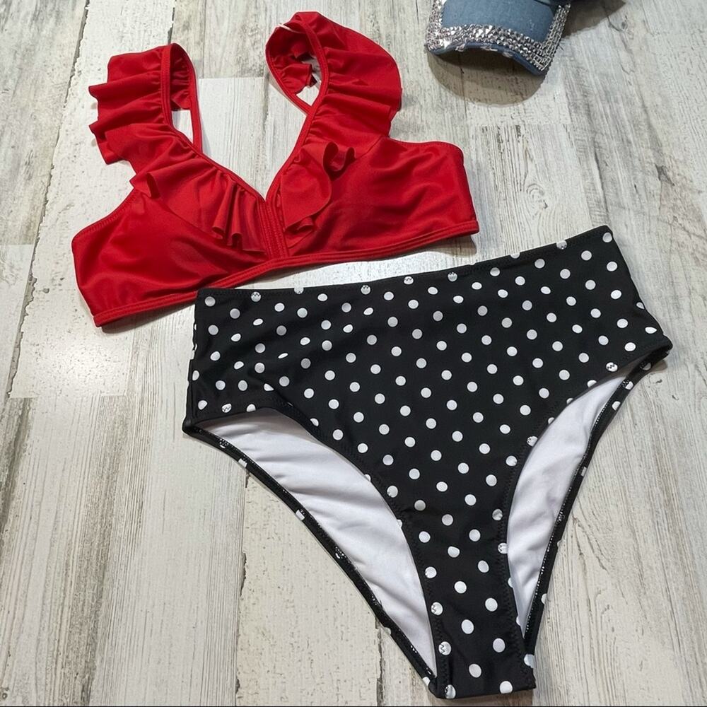 Phurro Medium Ruffled Polka Dot Bikini High Waisted Spaghetti Strap